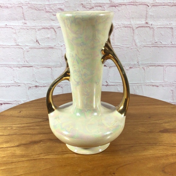 Vintage Pearlescent Gold Asymmetrical Handled Ceramic Vase - Picture 1 of 8